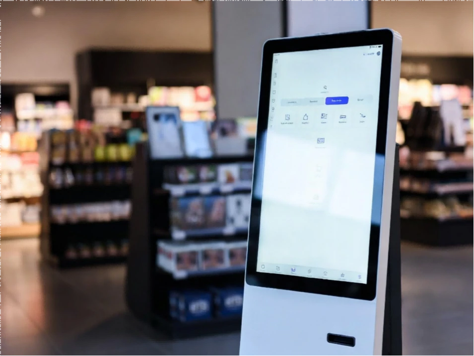 Interactive touchscreen monitor kiosk deployed in a modern retail shopping environment to enhance customer experience and streamline transactions.