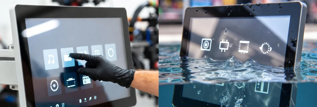Comparison of PCAP and resistive touchscreen monitor panels showing gloved operation and water resistance for industrial and outdoor retail kiosks. Comparison of PCAP and resistive touchscreen monitor panels showing gloved operation and water resistance for industrial and outdoor retail kiosks.