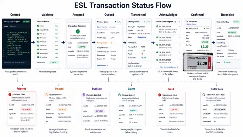 Electronic shelf label transaction status from validation and queueing to confirmation and reconciliation Electronic shelf label transaction status from validation and queueing to confirmation and reconciliation