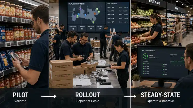 Comparison of ESL pilot, multi-store rollout, and steady-state retail operations Comparison of ESL pilot, multi-store rollout, and steady-state retail operations